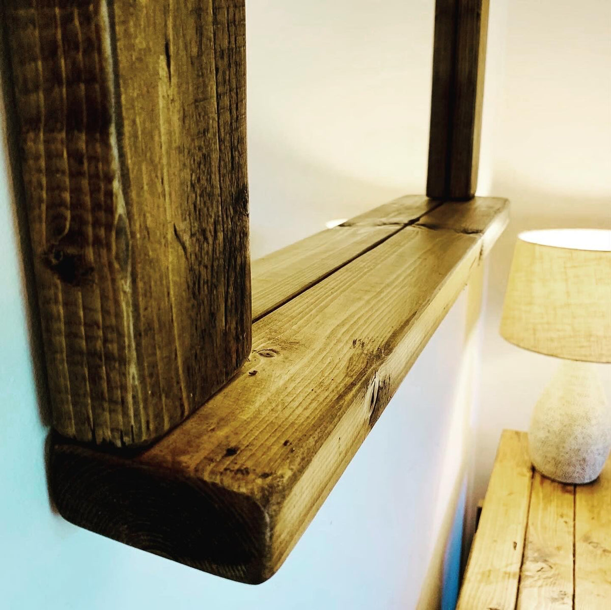 Handmade Rustic Wooden Mirror with Shelf | Dark Oak Wax Finish