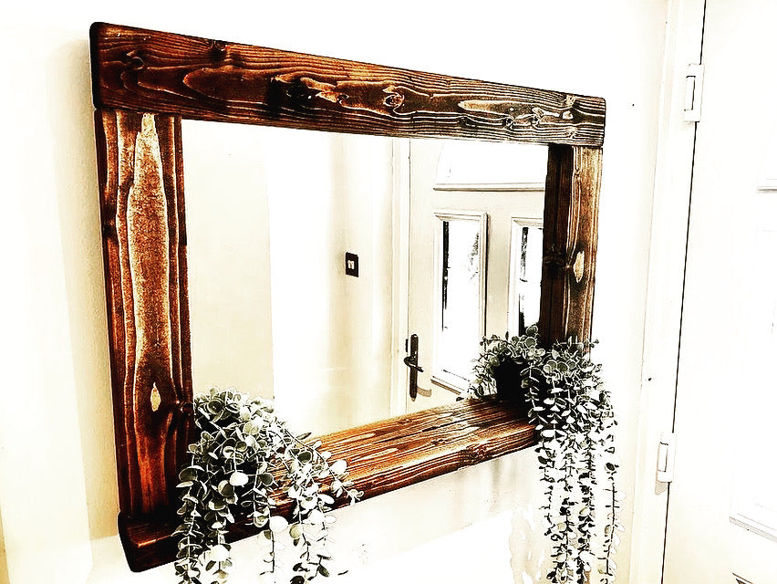 Handmade Rustic Wooden Mirror with Shelf | Walnut Wax Finish