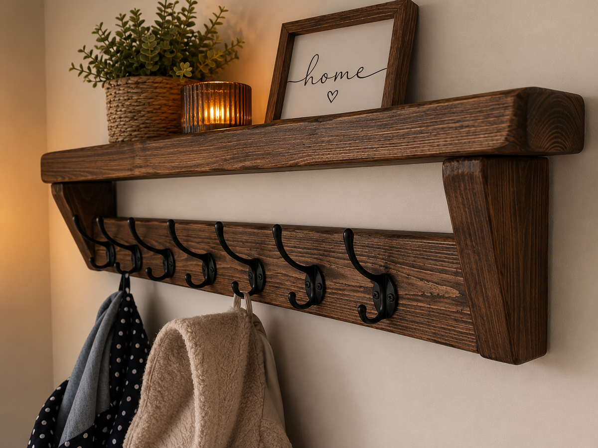 Handmade Rustic Wooden Coat Rack Shelf | Walnut Wax
