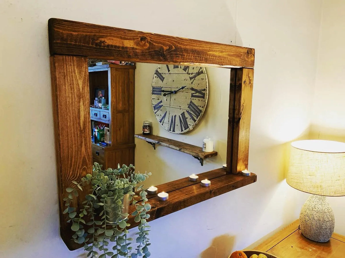 Handmade Rustic Wooden Mirror with Shelf | Georgian Mahogany Wax Finish