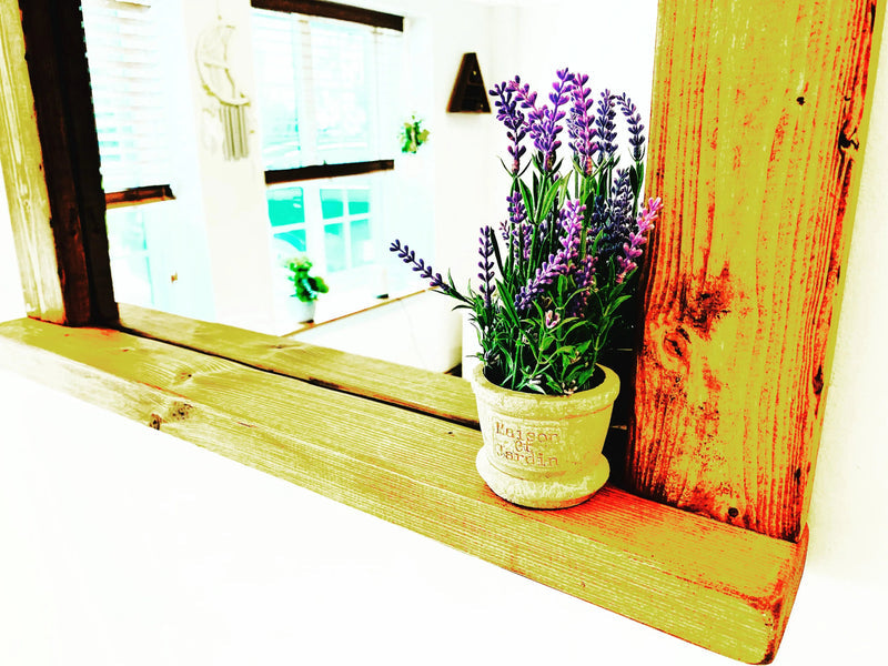 Handmade wooden waxed mirror with a shelf | Bathroom Mirror | Bedroom Mirror | Holiday Home Mirror | Hallway Mirror | Kitchen Mirror |