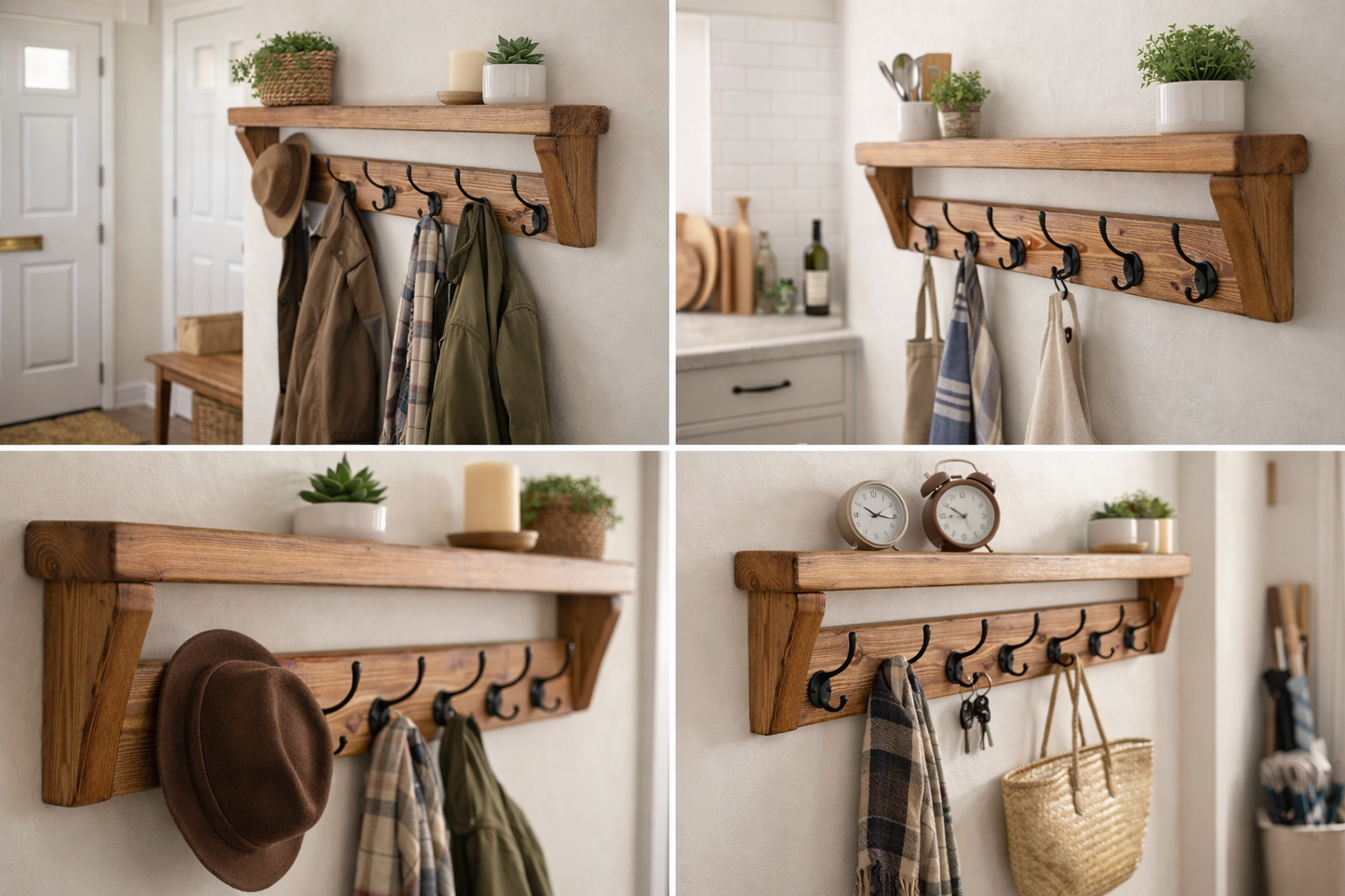 Dark Oak Waxed Coat and Hat Rack Shelf | Handmade Rustic Entryway Storage