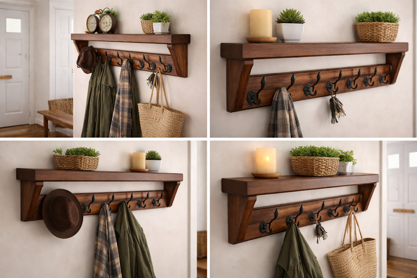 Dark Oak Waxed Coat and Hat Rack Shelf | Handmade Rustic Entryway Storage