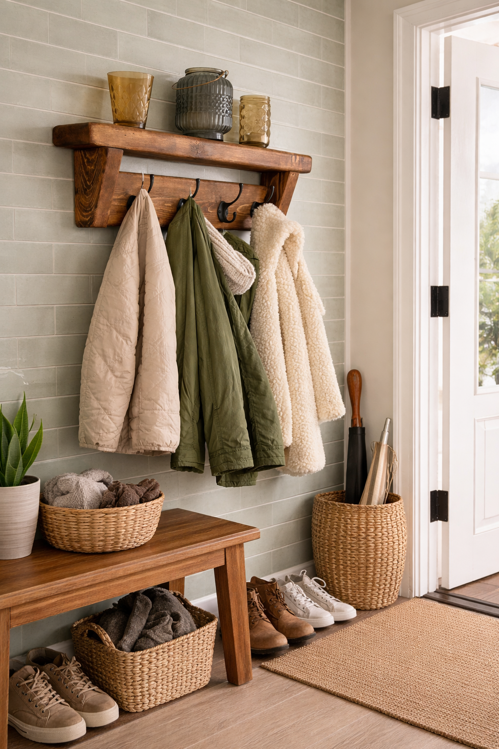 Dark Oak Waxed Coat and Hat Rack Shelf | Handmade Rustic Entryway Storage