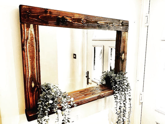 Handmade Rustic Wooden Mirror with Shelf | Walnut Wax Finish