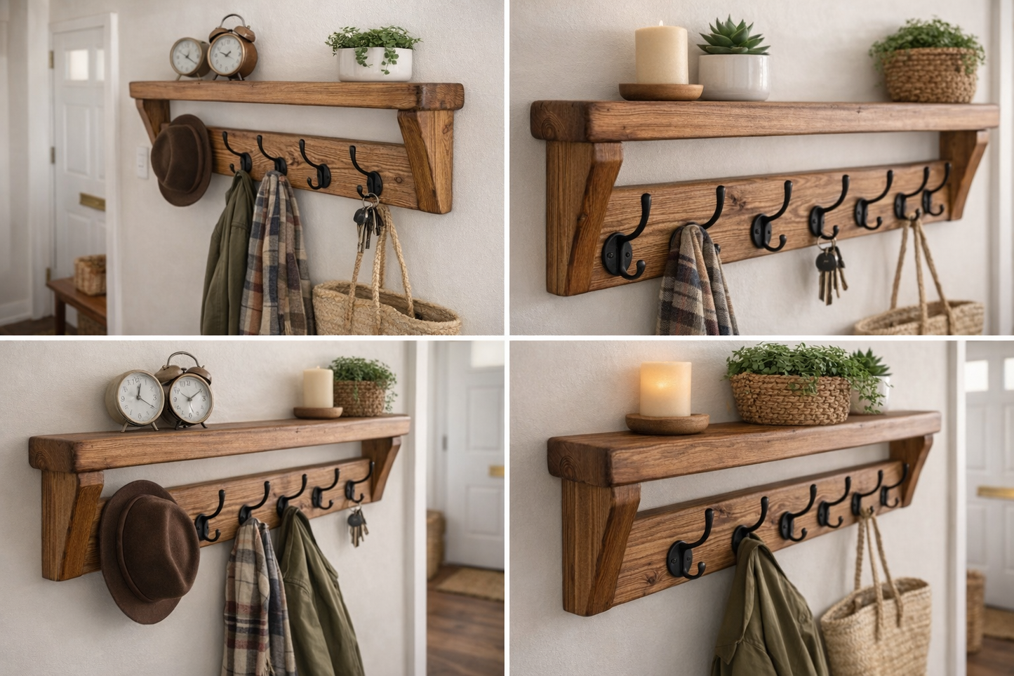 Dark Oak Waxed Coat and Hat Rack Shelf | Handmade Rustic Entryway Storage