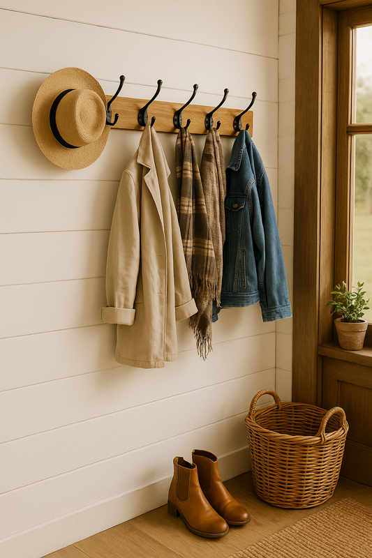 English Oak Waxed Rustic Reclaimed Wood Coat Rack: Handmade Farmhouse Entryway Organizer