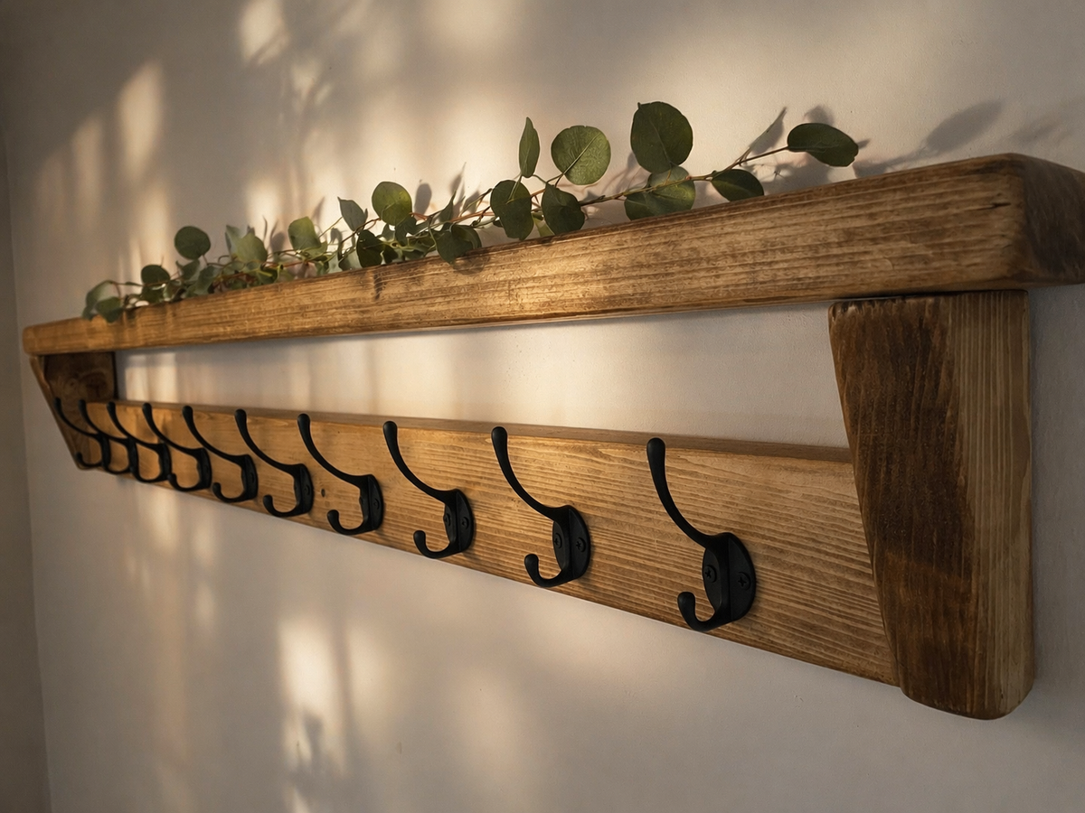 Wooden coat rack with hooks and greenery on a white wall