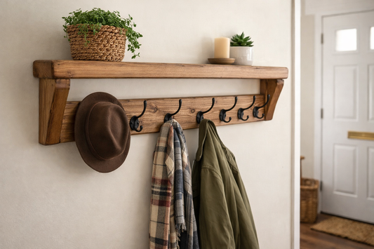 Wooden coat rack with hooks holding a hat, plaid scarf, and green jacket against a white wall.