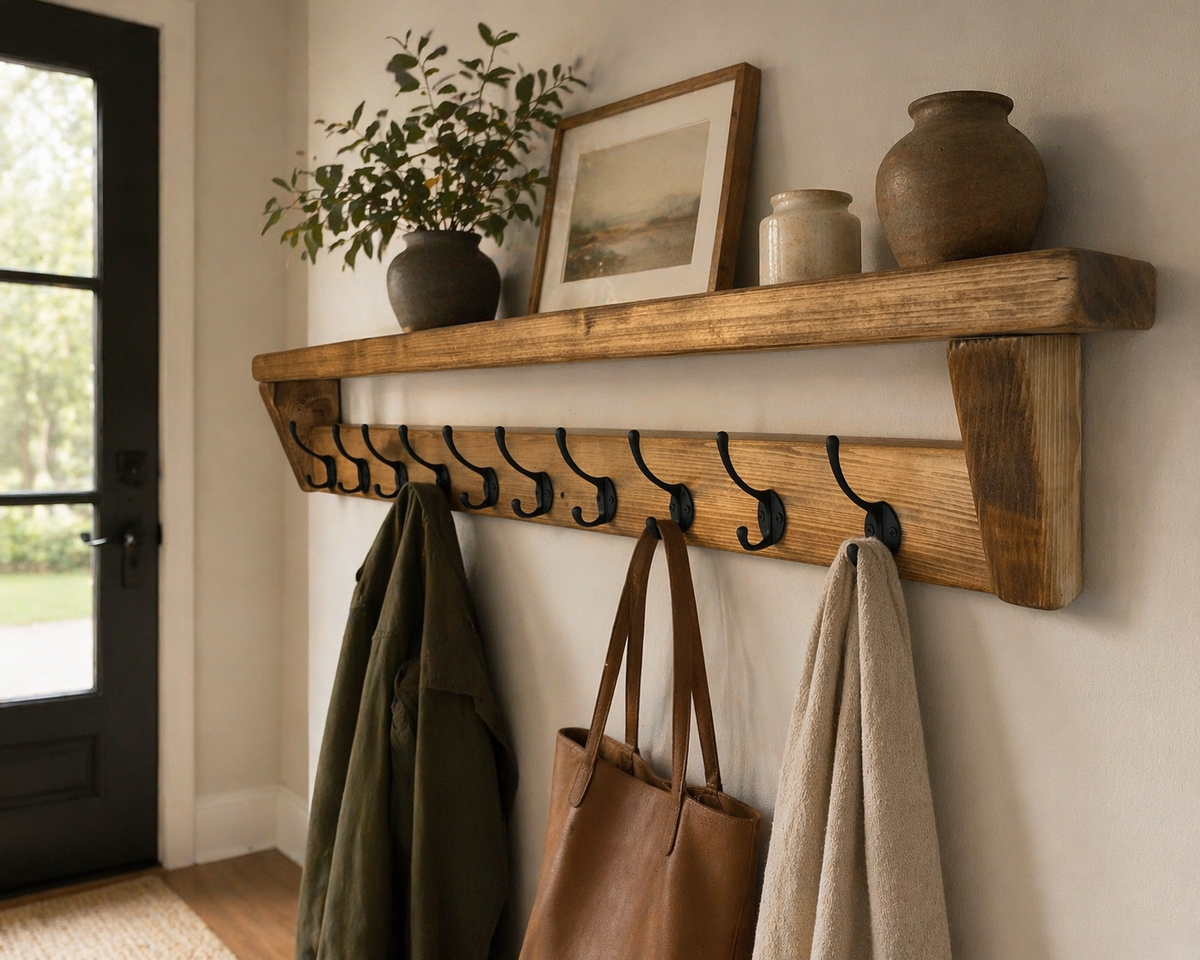 Wooden shelf with hooks holding coats and a bag in a home setting.