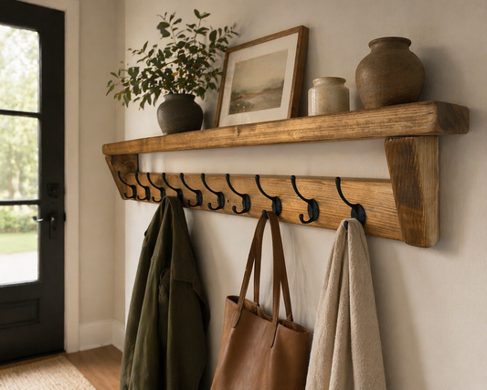Wooden shelf with hooks holding coats and a bag in a home setting.