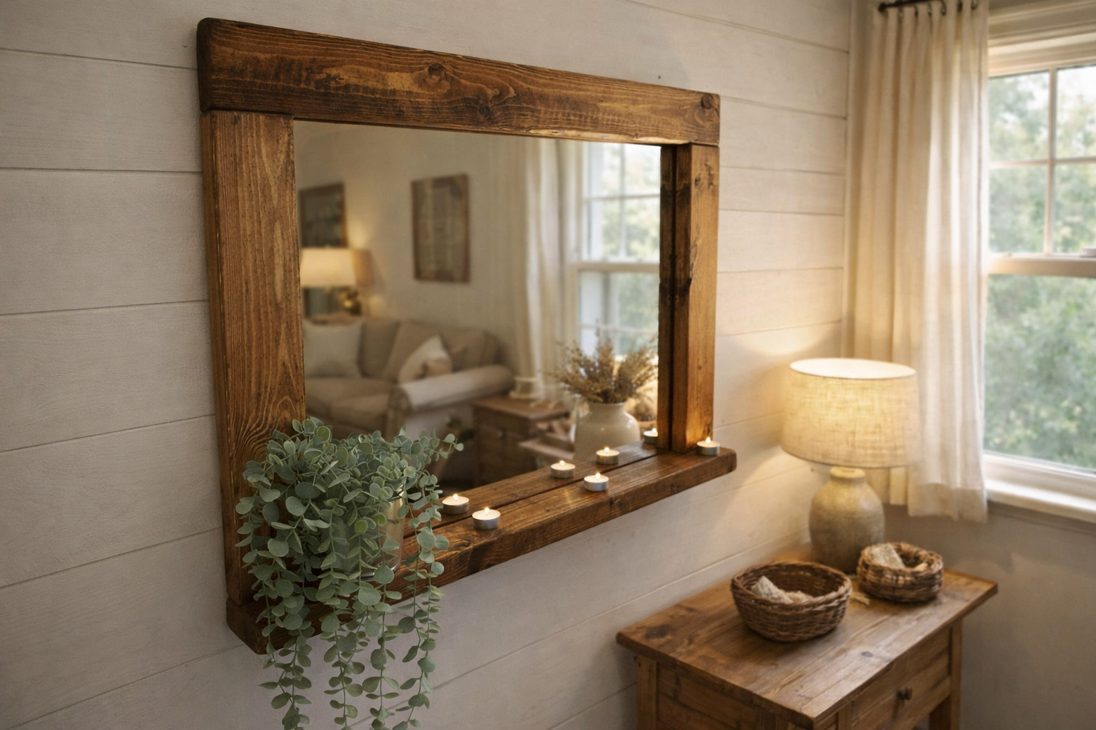 Rustic Handmade wooden mirror in an Georgian Mahogany wax with a shelf