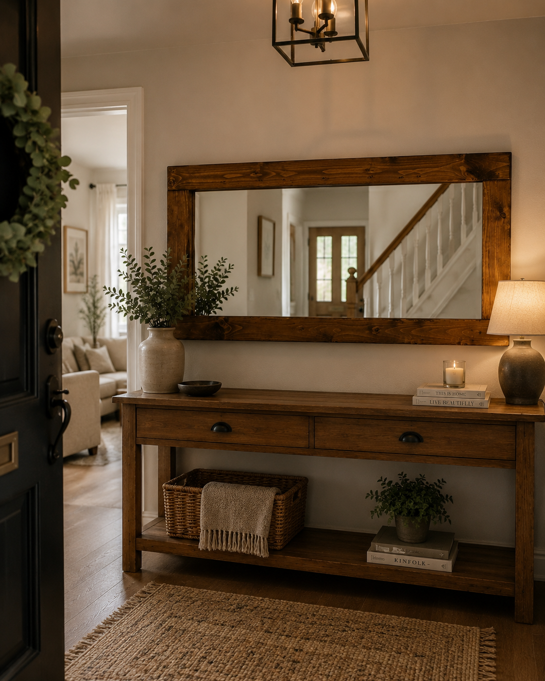 A rustic wooden console table with a matching large rectangular wall mirror, styled in a warm, cozy entryway with a lamp, candles, plants, and a woven rug.
