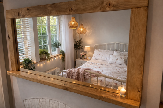 Bedroom with a large wooden-framed mirror reflecting a cozy bedroom scene.
