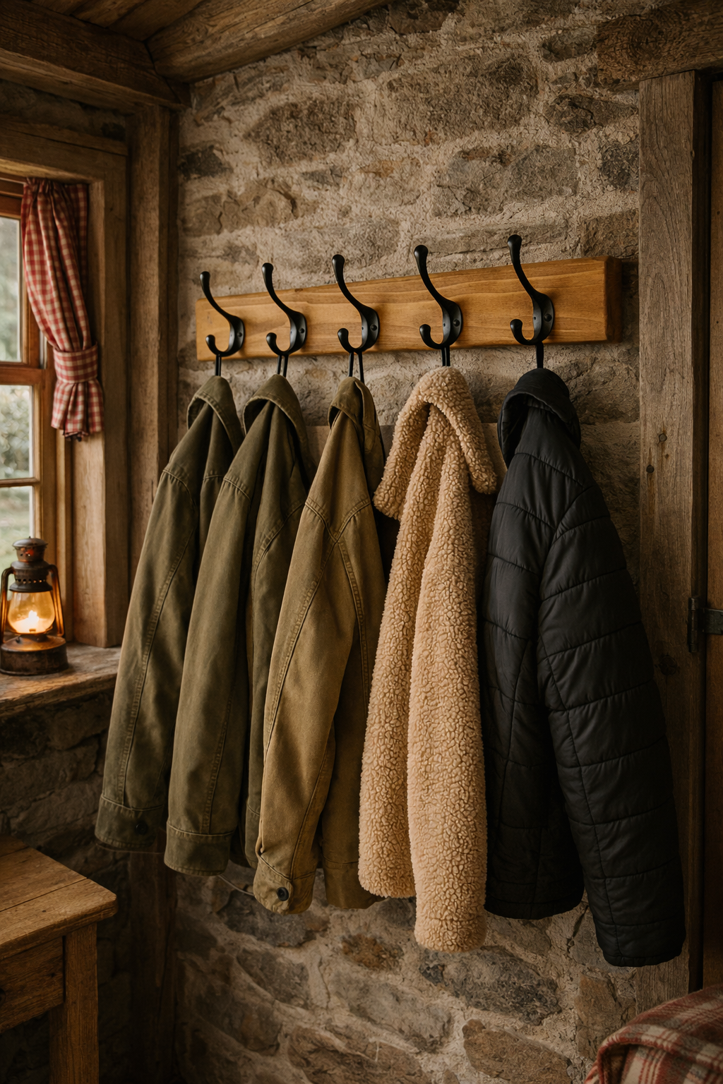 Picture of a rustic coat rack waxed with jackest hanging in a cottage setting