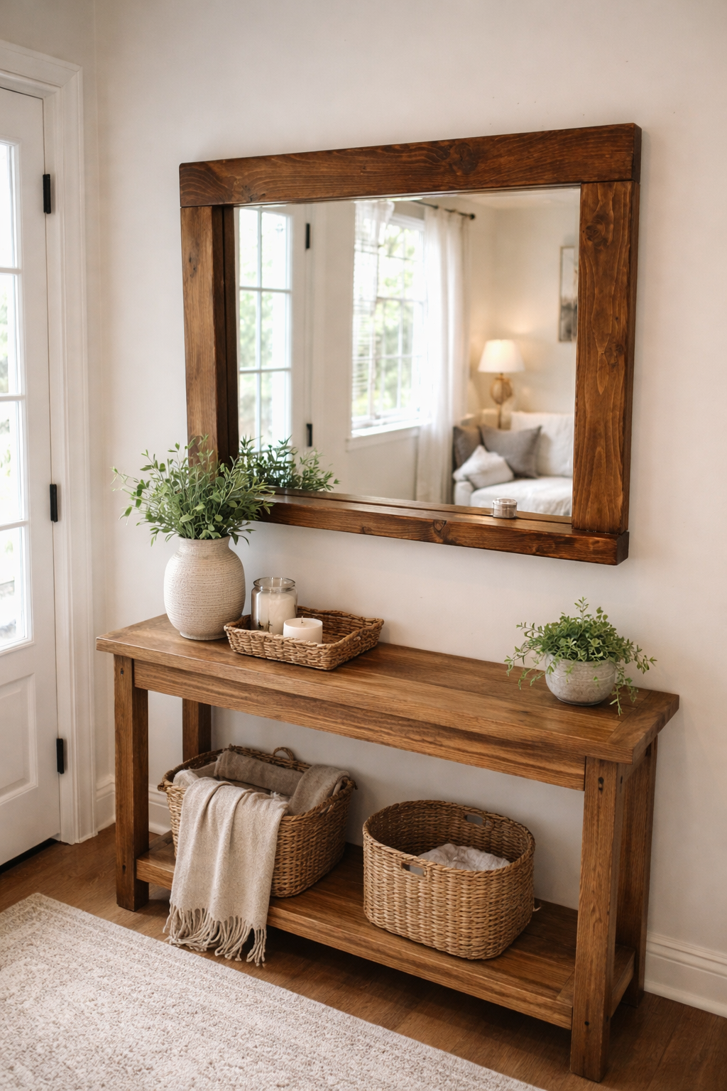 Rustic Handmade wooden mirror in an Georgian Mahogany wax with a shelf