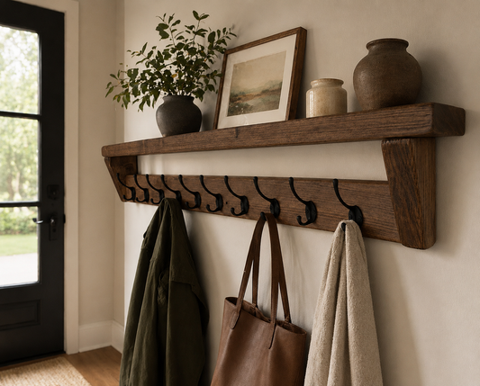 Handmade Rustic Wooden Coat Rack Shelf | Walnut Wax