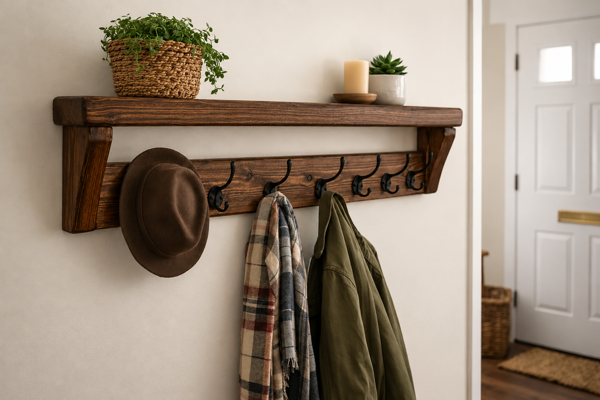 A rustic dark wood entryway shelf mounted on a beige wall, featuring black metal coat hooks with a brown hat, plaid scarf, and olive green jacket hanging from them. The shelf is styled with a woven basket planter and a candle, with a white door visible in the background.