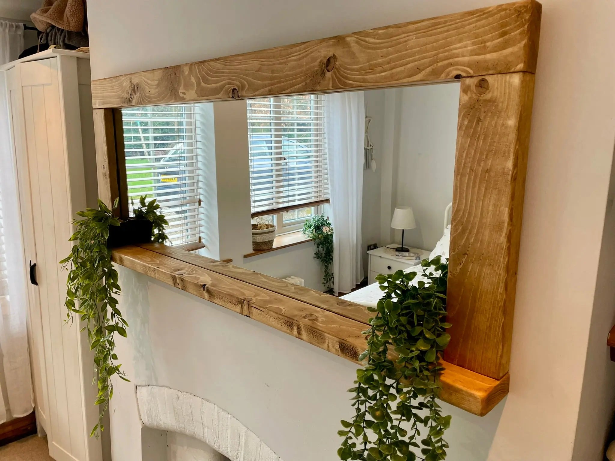 Rustic Handmade Wooden mirror with shelf finished in a English Oak wax - Image #2