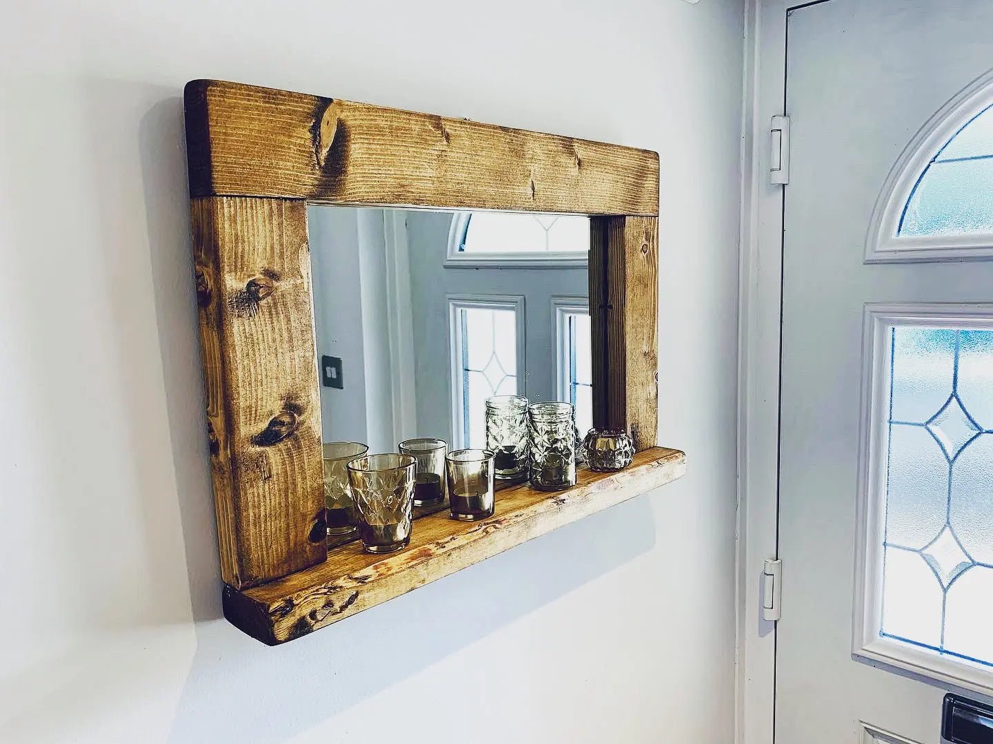 Rustic Handmade Wooden mirror with shelf finished in a English Oak wax - Rodney Adams Mirrors