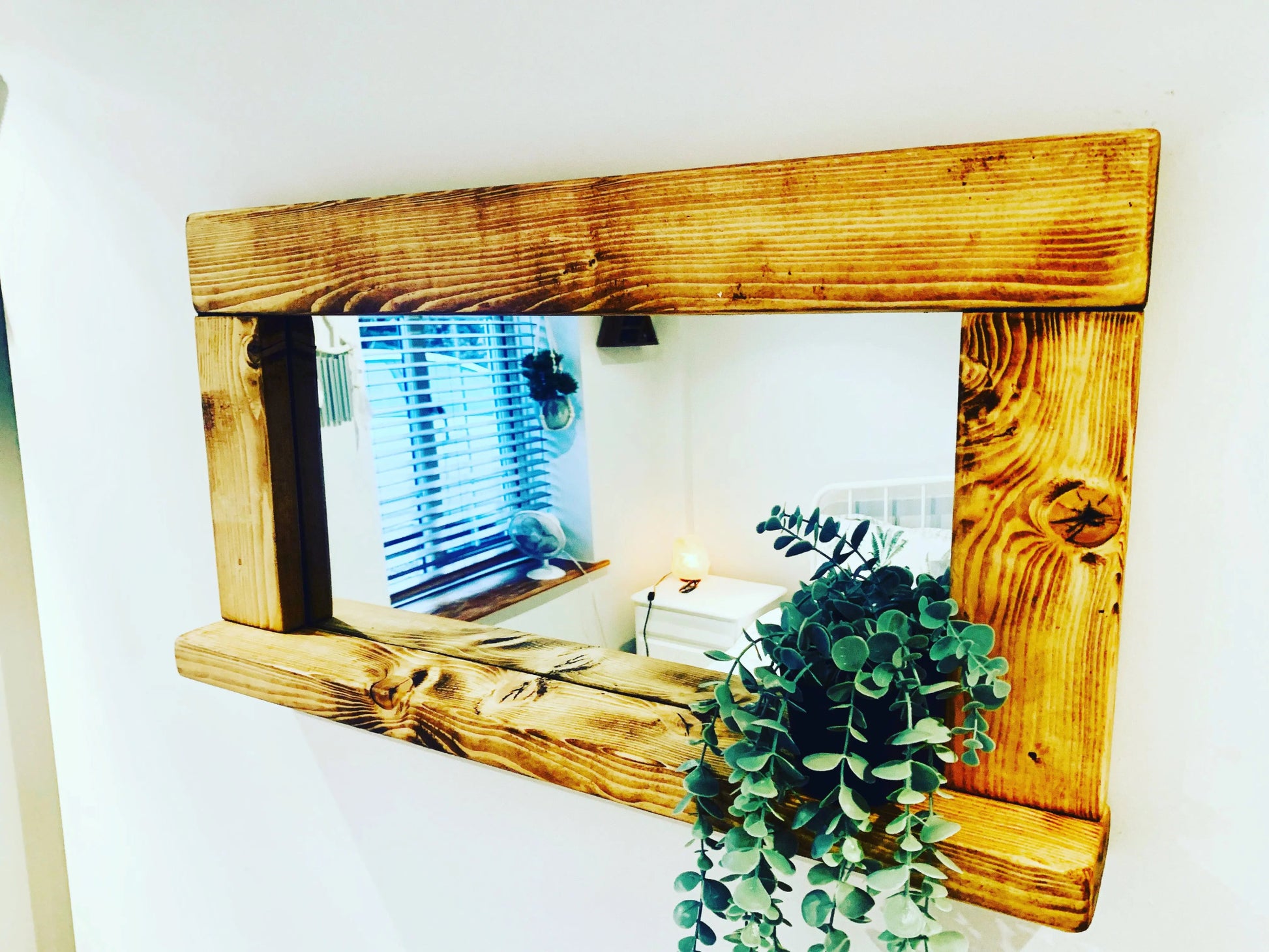 Rustic Handmade Wooden mirror with shelf finished in a English Oak wax - Rodney Adams Mirrors
