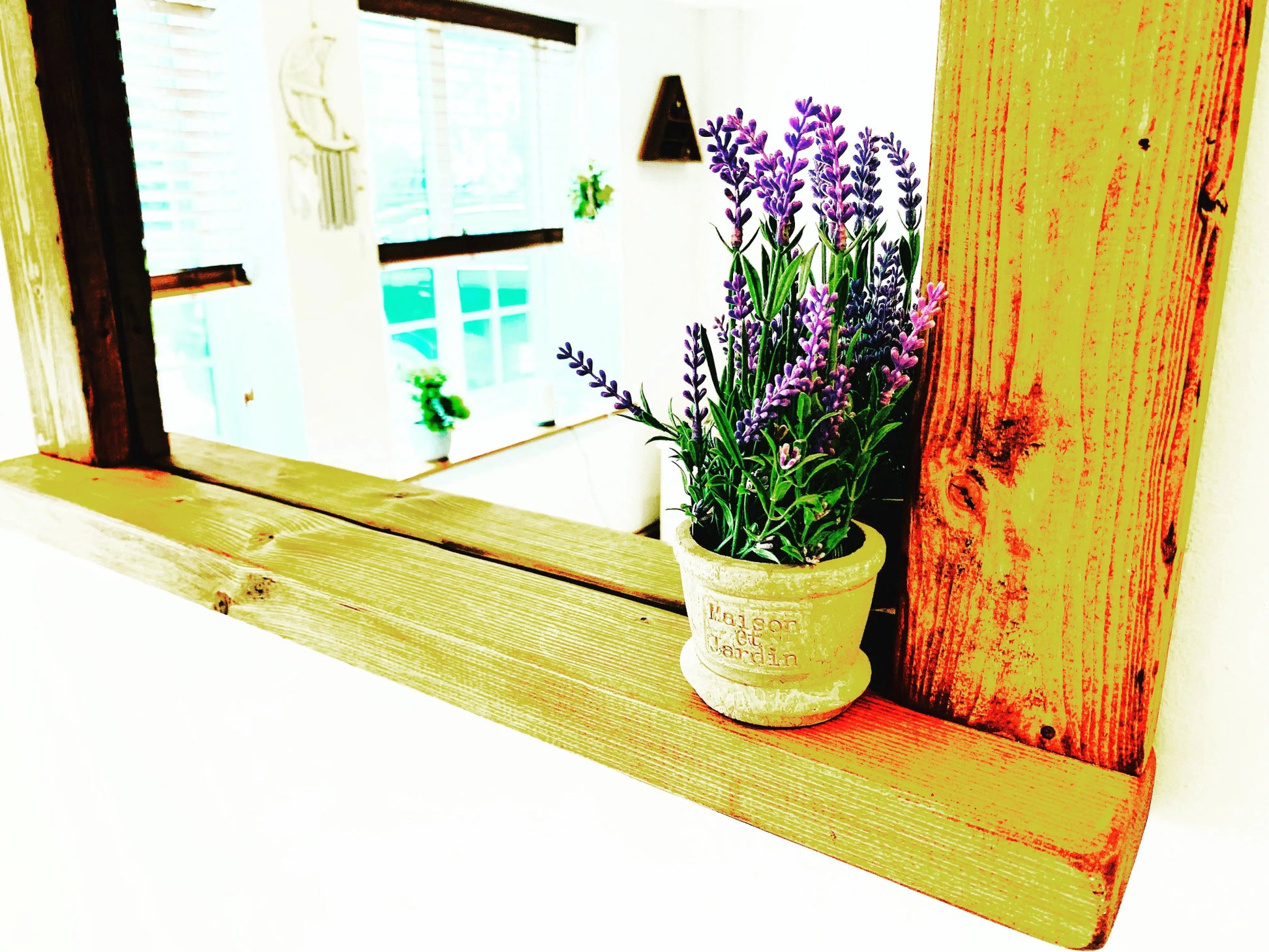 Rustic Handmade Wooden mirror with shelf finished in a English Oak wax - Rodney Adams Mirrors